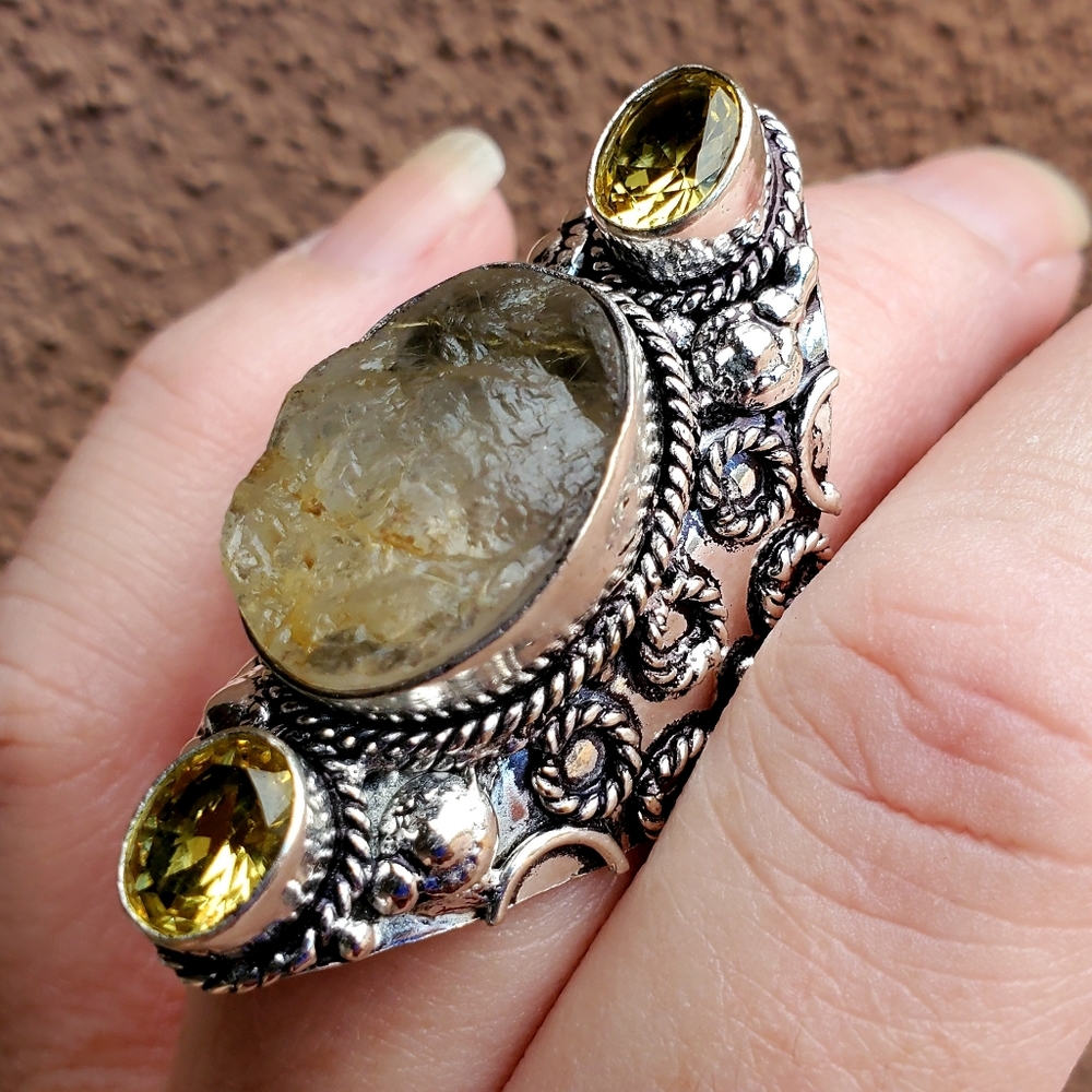 New Rough Golden Rutile and Citrine 925 Silver Statement Ring.